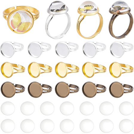 DIY Flat Round Adjustable Ring Making Kit Including Brass Finger Ring Components Settings Glass Cabochons Antique Bronze & Golden 60Pcs/box