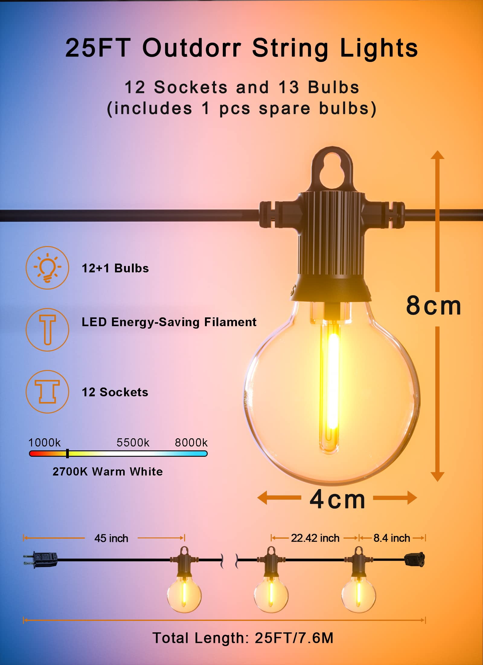 Outdoor String Lights  25ft Patio With 13 Shatterproof G40 Globe Bulb(1 Spare) Waterproof Connectable Dimmable Led Hanging For Outside Backyard Porch Balcony 2700k