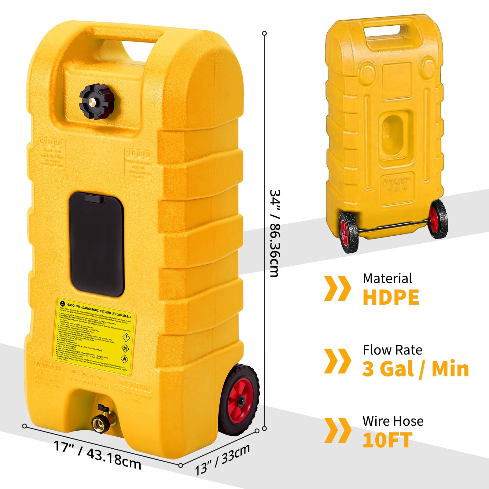 JoanKaren Industrial Portable Fuel Tank 15 Gallon Container Caddy Tank with 10-Foot Hose,Wheeled Utility Transfer Tank,Yellow