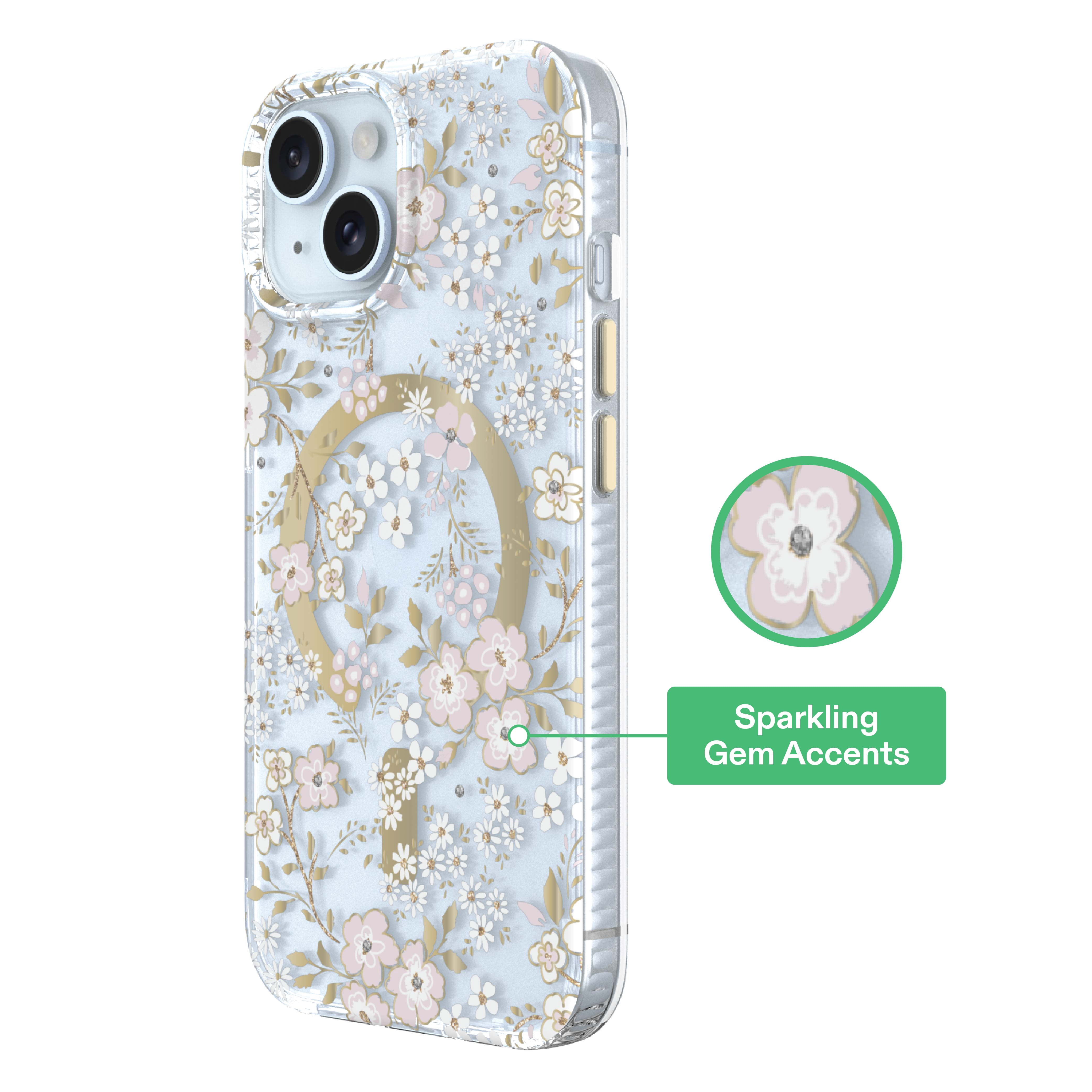 onn Phone Case for iPhone 17e / 16e / 15 / 14 / 13, MagSafe Compatible - Pink & White Floral with Gems
