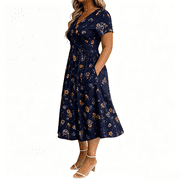 CHGBMOK Vintage Floral Wrap Midi Dress Women High Waist Tummy Control Short Sleeve Pocket Flowy Sundress S-5XL Elegant Dress for Wedding Party Daily Travel