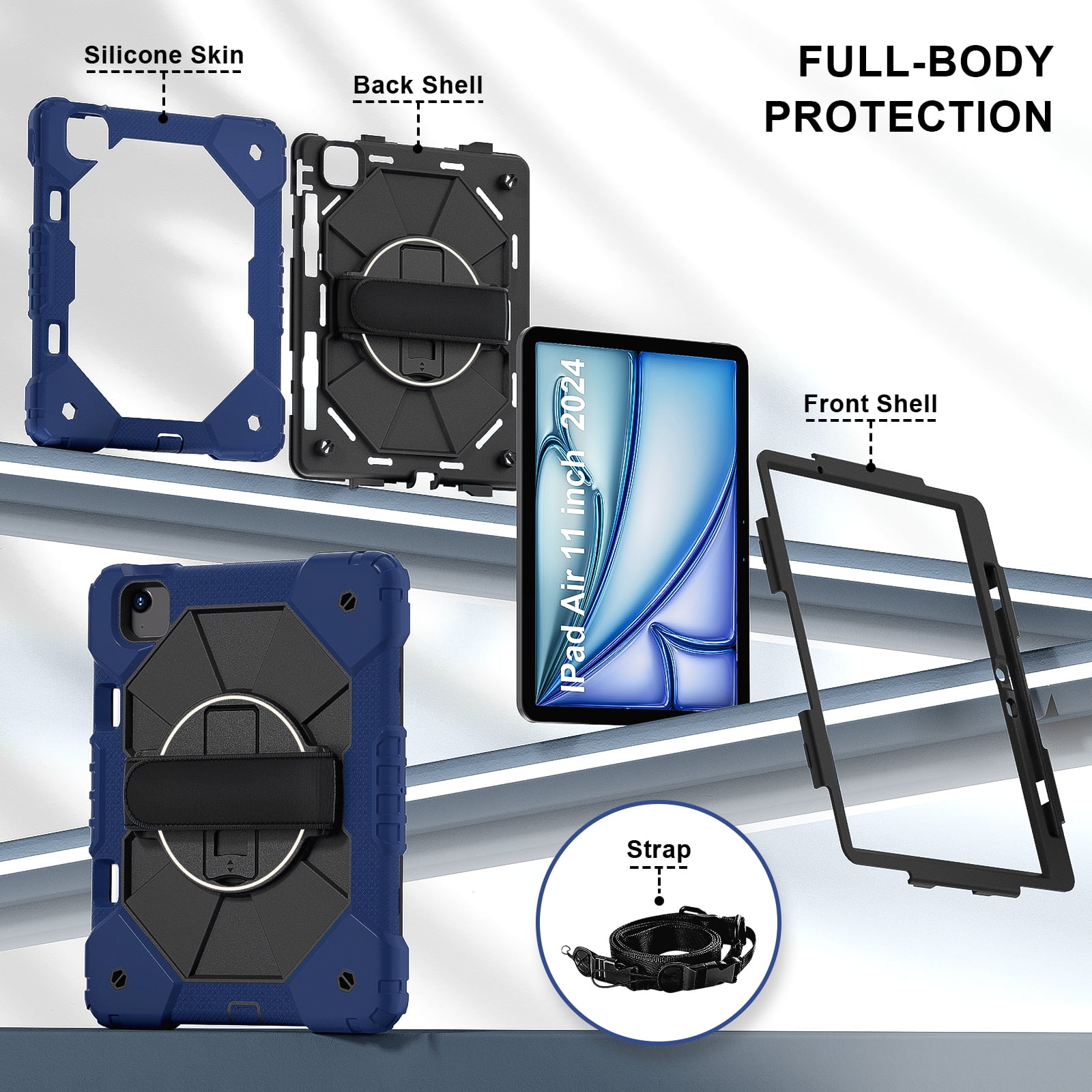 for iPad Air 13 inch (M2) 2024 Case, Military Grade Heavy Duty Silicone Protection Cover with Pencil Holder + 360 Rotating Stand + Wrist Handle Rugged Cover for iPad Air 13" 2024, Navyblue+Black