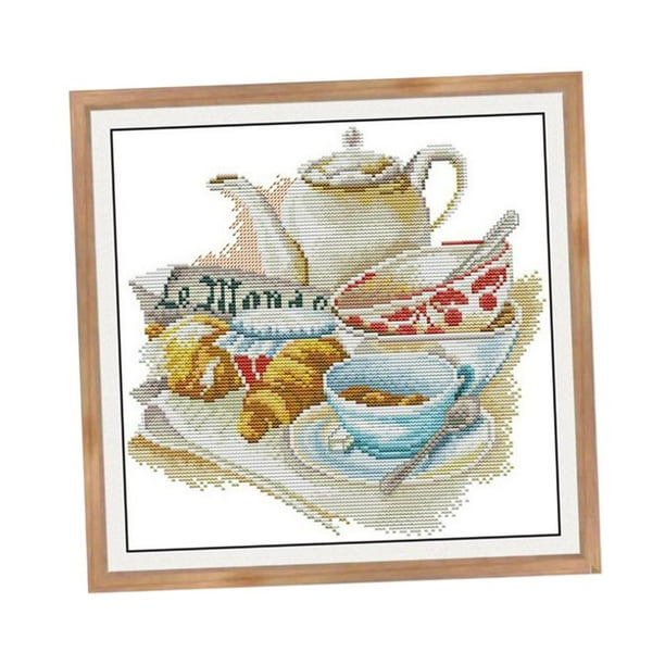Kit de bordado de punto contado para principiantes - Juego de té, taza de café, bordado 37x37cm 11CT