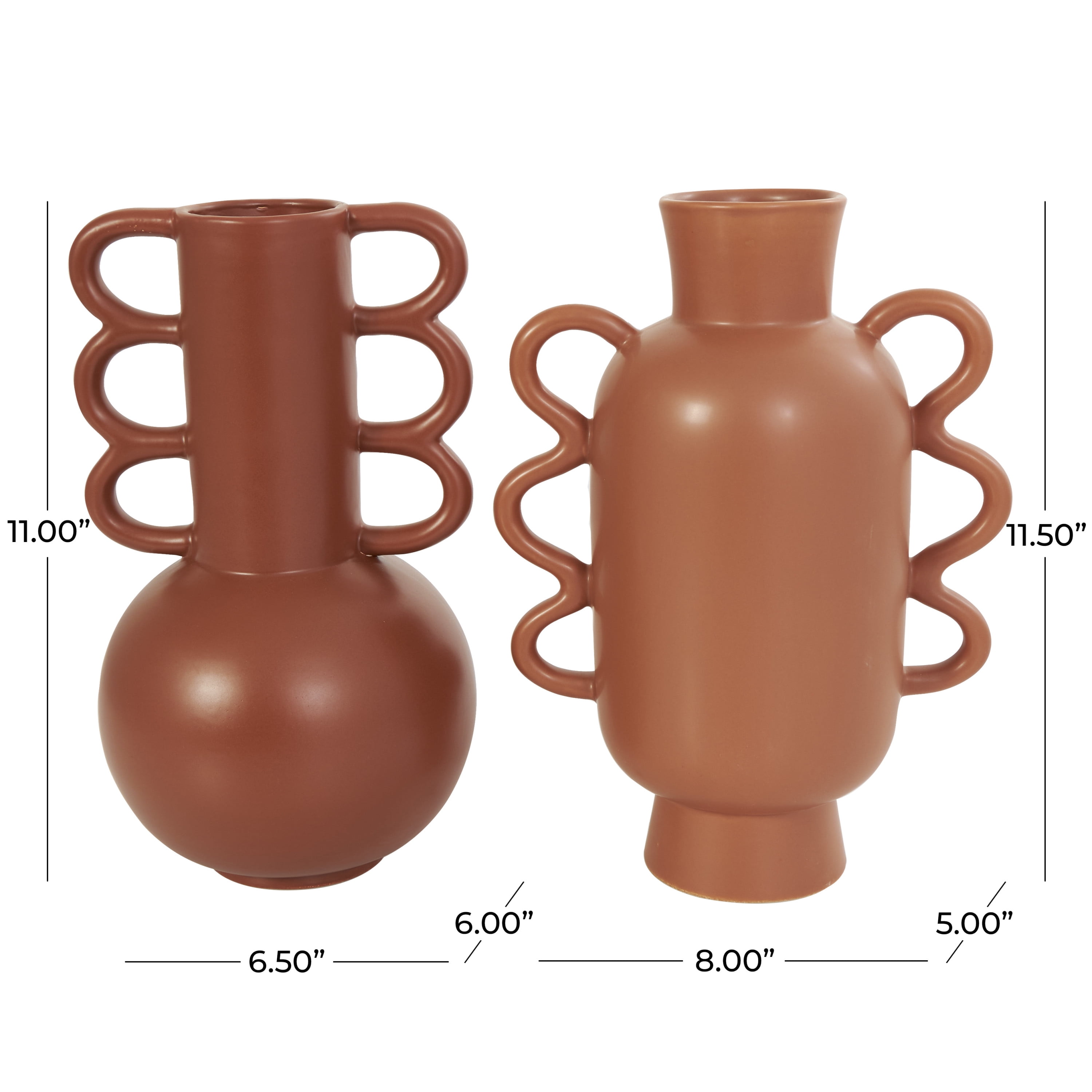 CosmoLiving by Cosmopolitan 11", 12"H Orange Ceramic Vase with Varying Shapes and Wavy Handles, Set of 2