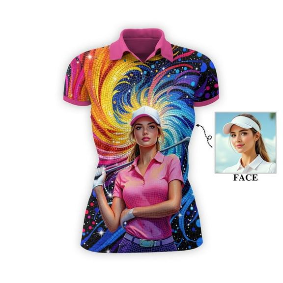 HOMYGIFTS Women’s Artistic Golf Polo Shirt – Vibrant Mosaic Golfer Design