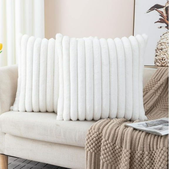 Surpdew Set Of 2 Faux Decorative Throw Pillow Covers Soft Cream White Fluffy Striped Pillowcase Cushion Covers Plush Velvet Soft Pillow Case 18 X 18 Inch Decor Sofa Couch Bedroom White