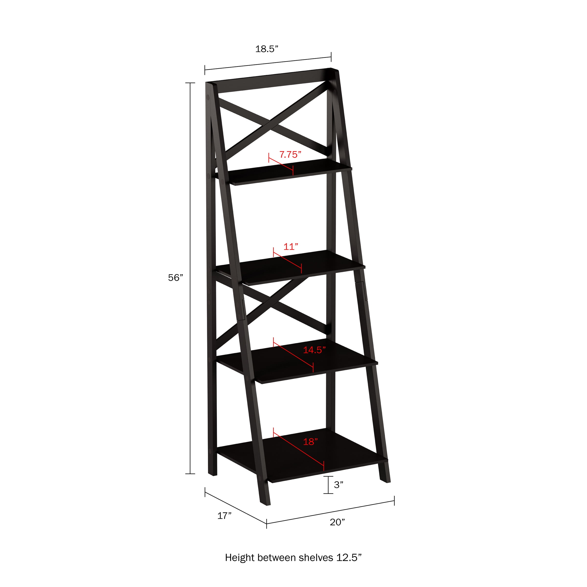Lavish Home 4-Tier Freestanding Ladder Bookshelf with X-Back Frame, Black