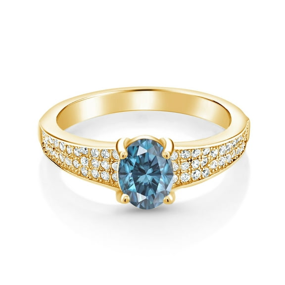 Gem Stone King 18K Yellow Gold Plated Silver Persian Blue Moissanite Engagement Ring for Women (1.86 Cttw, Oval 8X6MM, Gemstone Birthstone, Size 7)