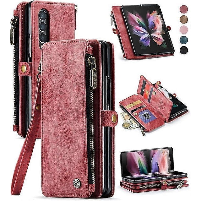 Funda Galaxy Z Fold 3, billetera Z Fold 3 para hombres y mujeres, billetera magnética de cuero sintético duradero con correa de muñeca, cremallera, tarjetero y funda para teléfono.