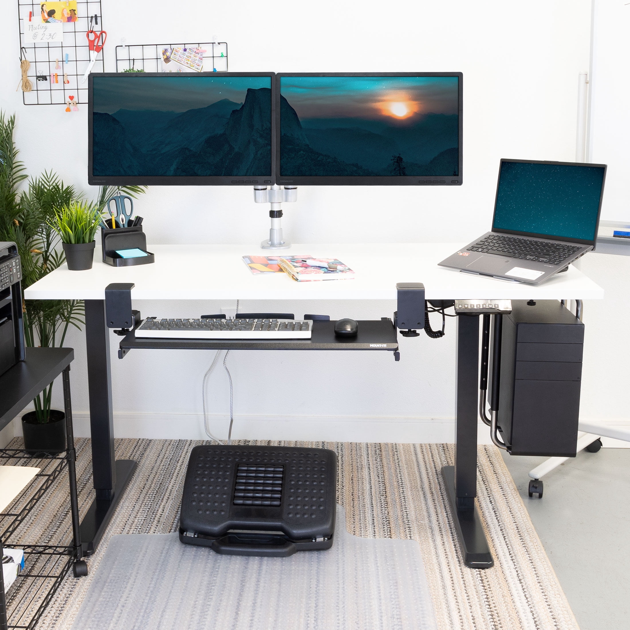 Mount-It! Electric Sit-Stand Black Desk Frame with Extra-Wide White Tabletop