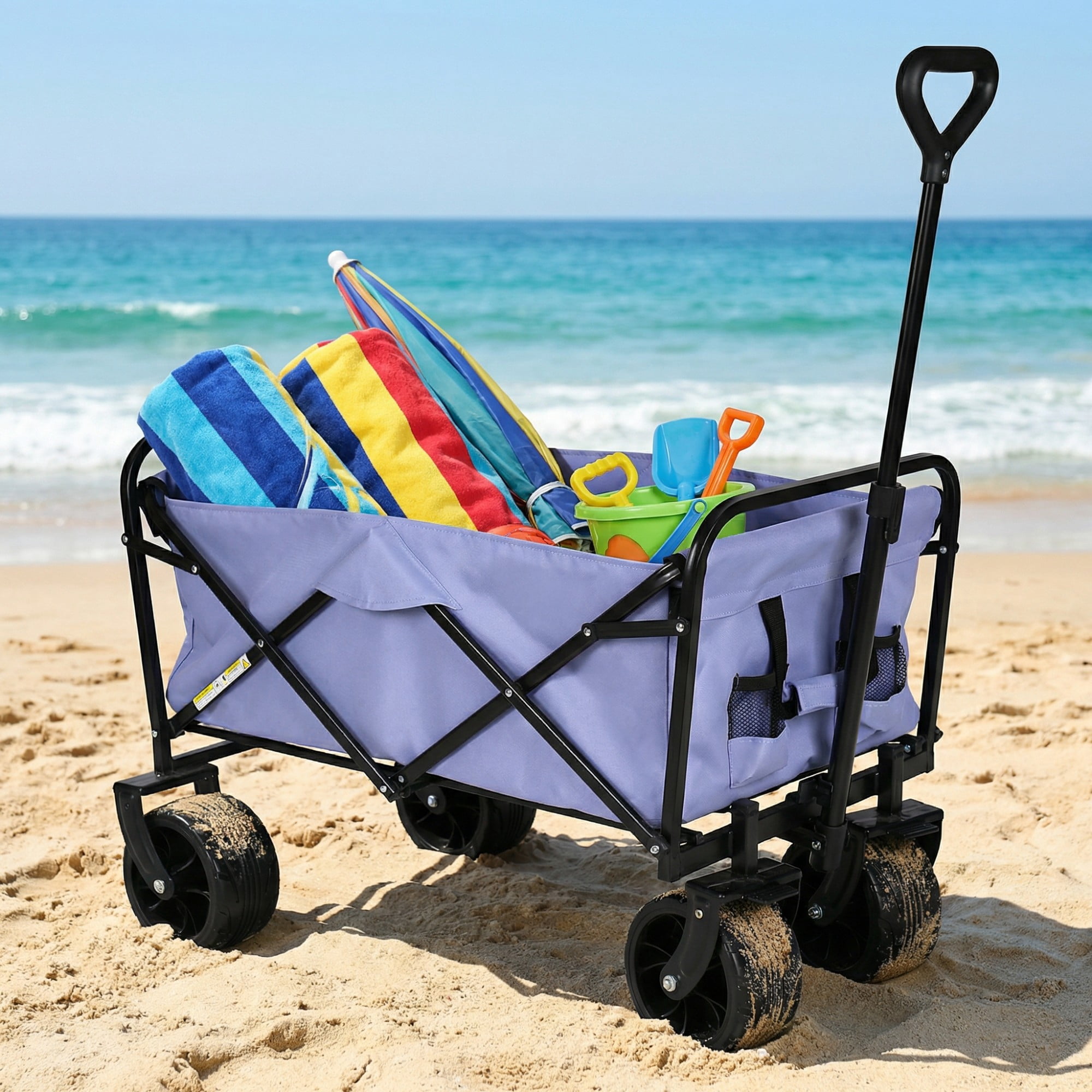 MAYEERTY 100L Collapsible Beach Wagon Cart, 220Lbs Heavy Duty Foldable Cart with Big All-Terrain Wheels for Sand Garden Camping