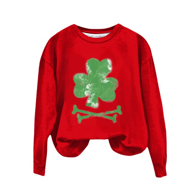Nouveau & Tendance! FUNUONY T-Shirt de la Saint-Patrick Mode Femme Pull Col Rond Décontracté Imprimé Floral Manches Longues Chandail en Molleton Rouge L