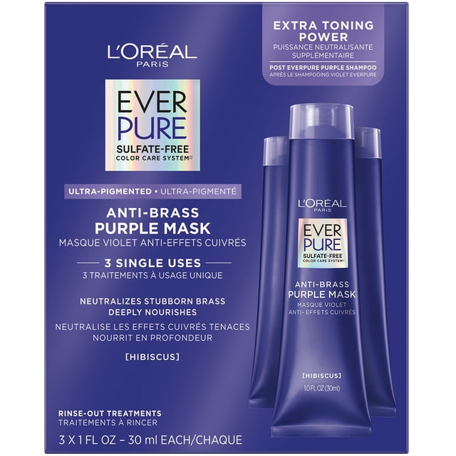mascarilla aclarante l'oreal paris everpure ultra pigmentada 90 ml tubo y caja frontales en tono morado azulado, vista centrada; tubo de enjuague de 90 ml con etiqueta EverPure 'Anti‑Brass Purple Mask', indica 3 usos únicos y formulada con hibiscus para cabello decolorado, rubio o con mechas.