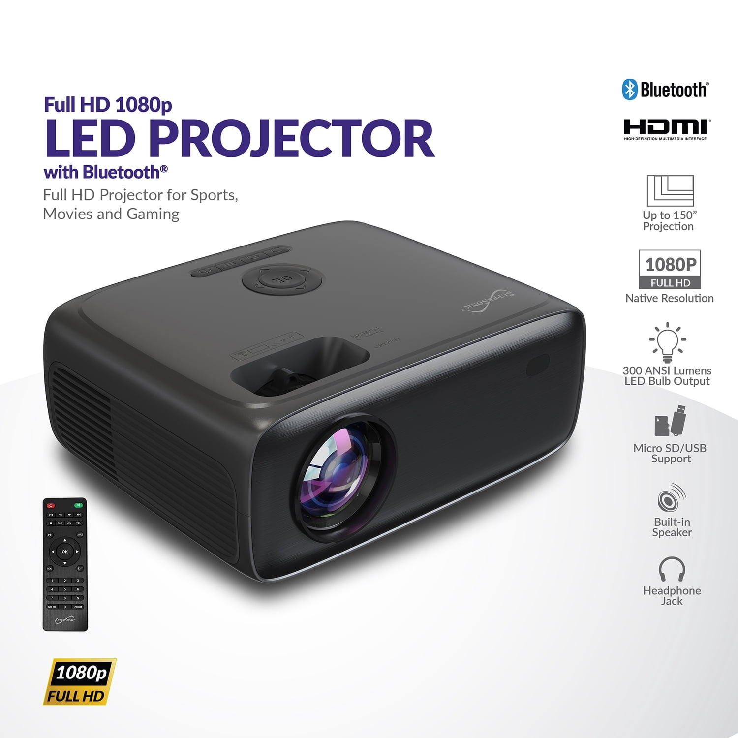 Supersonic 1080p 300-ANSI-Lumen Compact LED Projector with Bluetooth and Remote