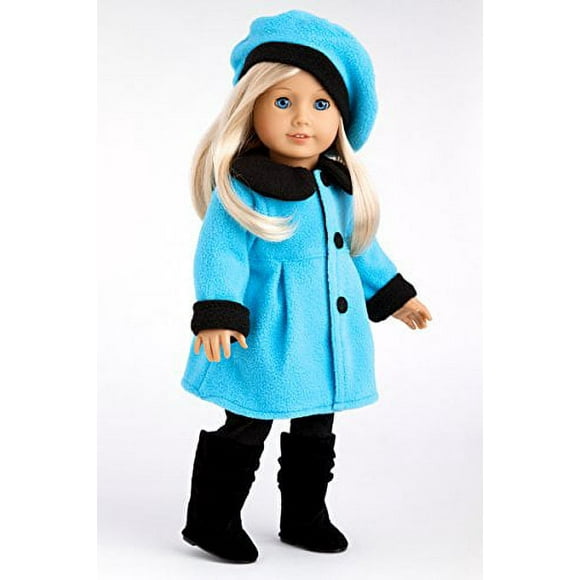 DreamWorld Collections - Parisian Stroll - 4 Piece Outfit - Blue Fleece Coat with Matching Beret, Black Leggings and Boots - Clothes Fits 18 Inch Doll (Doll Not Included)
