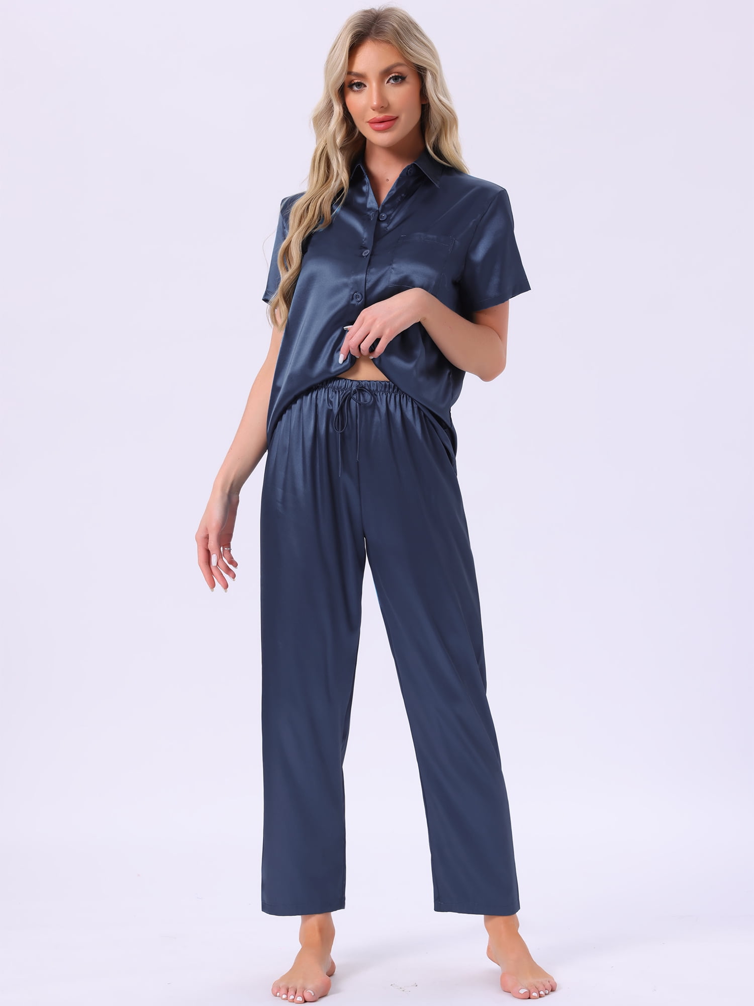 DARING DIVA Satin Pajamas Silky Button Down Short Sleeve Shirt Pants Set S Navy