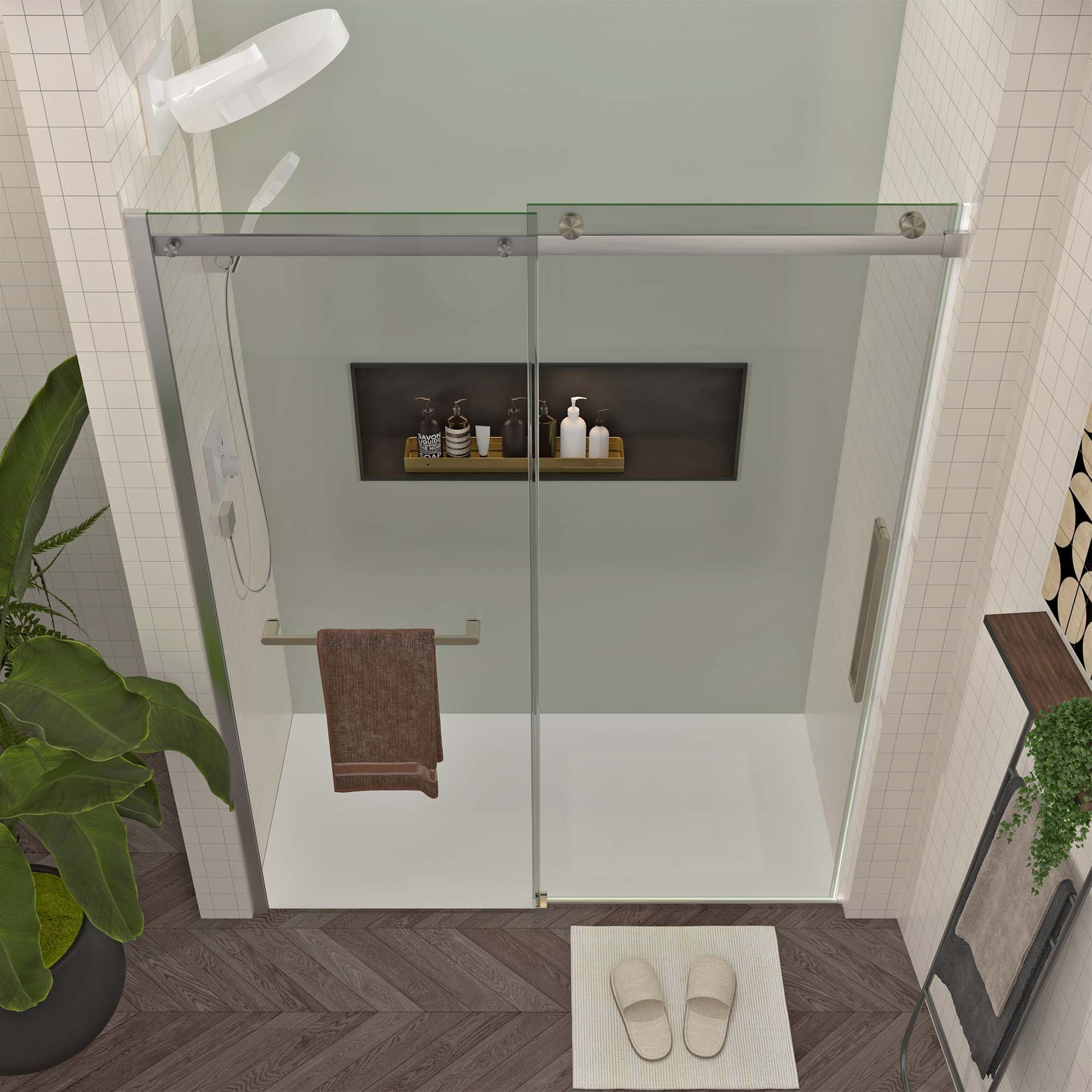 Leumius 56-60"W x 76"H Sliding Shower Door, Frameless Glass Shower Door with Brushed Nickel Hardware, Towel Bar and Handle,Drop Shipping available