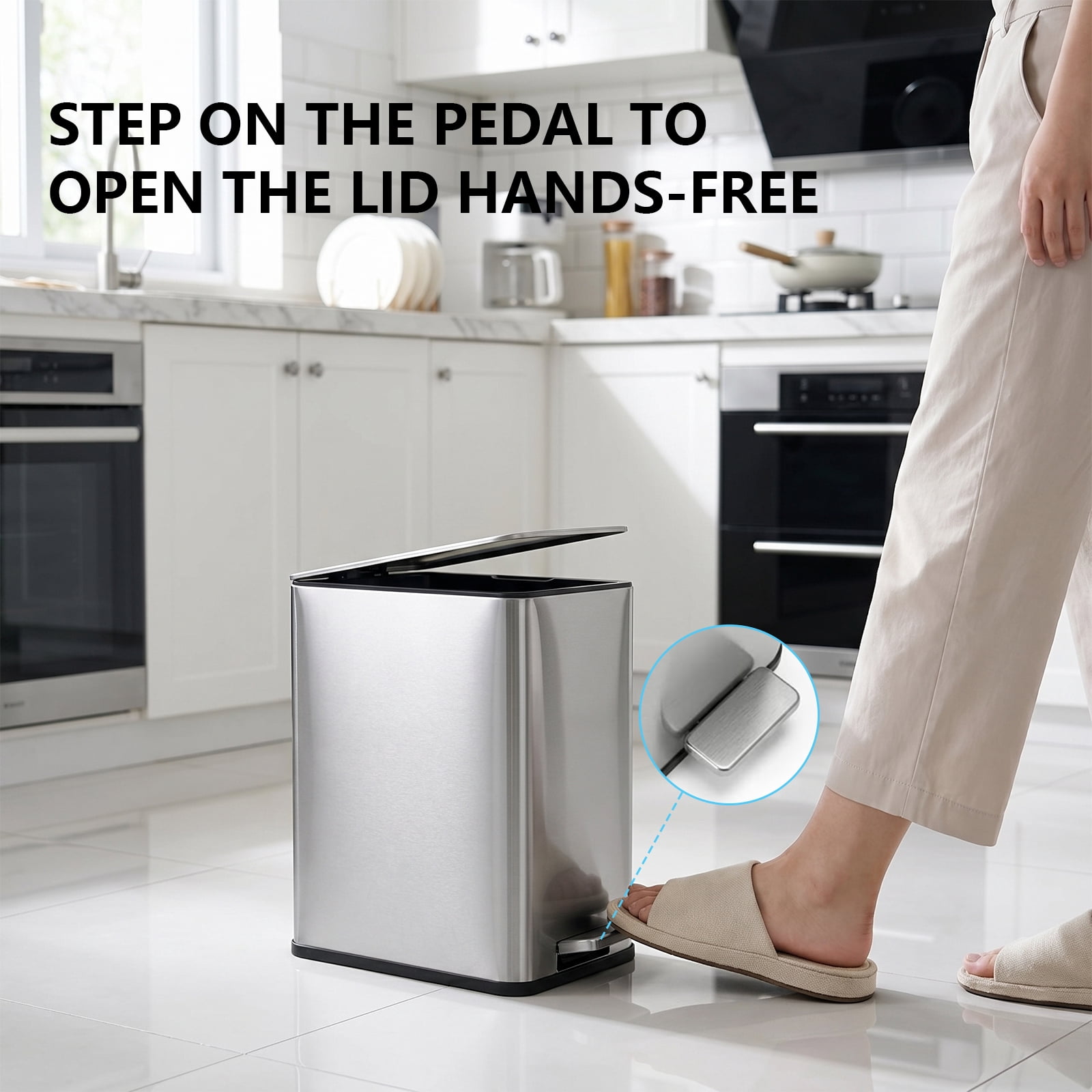 Simplykleen 10L/2.6 Gallon Rectangular Step Trash Can Stainless Steel with Removable Inner Bucket for Kitchen Bathroom Silver