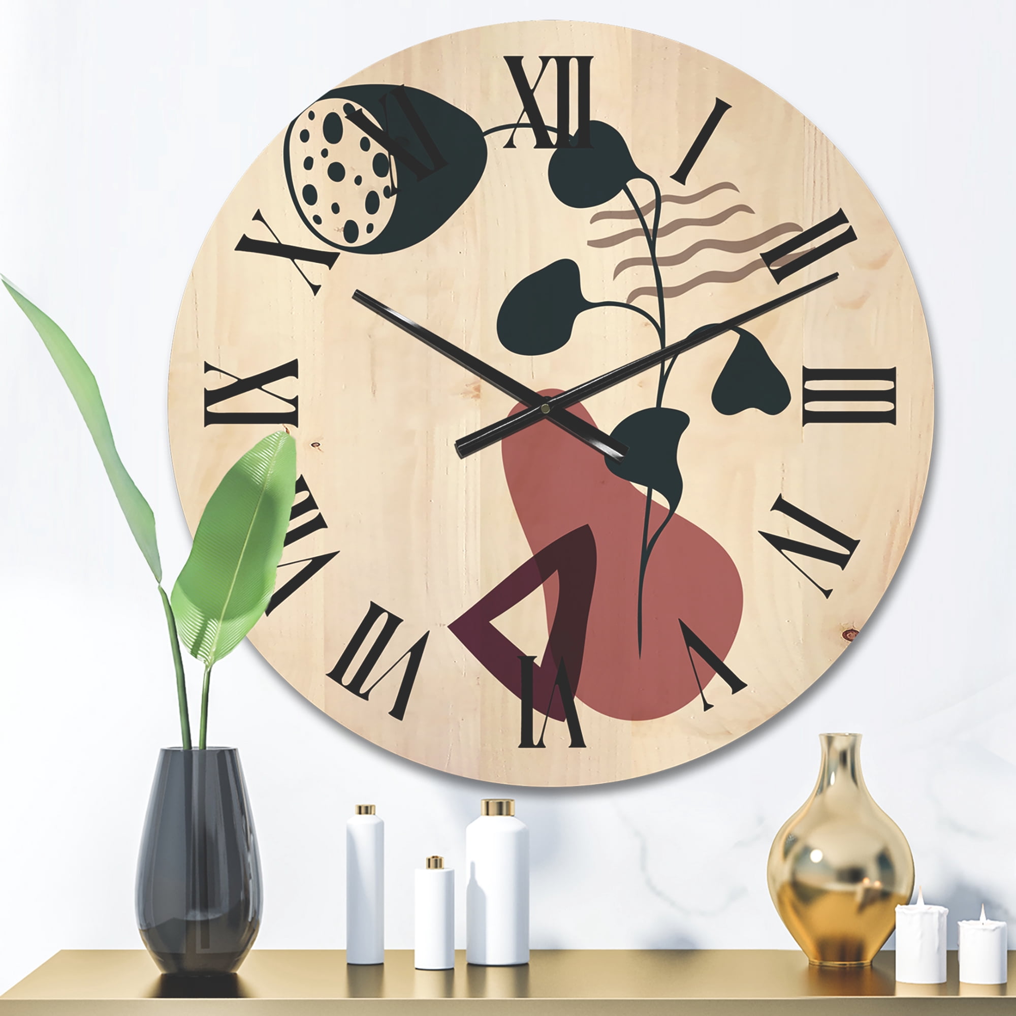 Designart 'Abstract Flowers Plants With Elementary Shapes V' Modern Wood Wall Clock