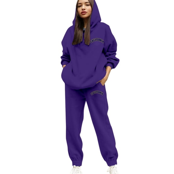 Valora Women Fashion Outfit Casual Hooded Tracksuit with Letter Print Drawstring Jogger Pants for Daily and Travel Comfortable Athletic Wear Outfit for Women Dark Purple M