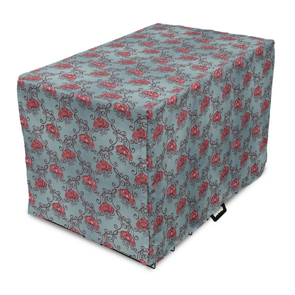 Floral Dog Crate Cover, Grunge Look Curvy Ornament Leaves Tropical Wild Flower, Easy to Use Pet Kennel Cover Small Dogs Puppies Kittens, 7 Sizes, Slate Blue Pink, by Ambesonne