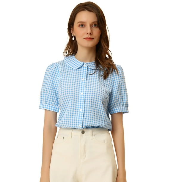 Blusa de cuadros vichy para mujer manga corta cuello Peter Pan camisa con botones Azul claro M Allegra K Blusa Walmart en linea