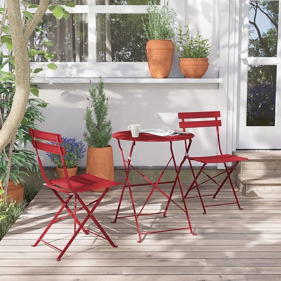 Simenmax Steel Patio Bistro Set, Folding Outdoor Patio Furniture Sets, 3 Piece Patio Set of Foldable Patio Table and Chairs