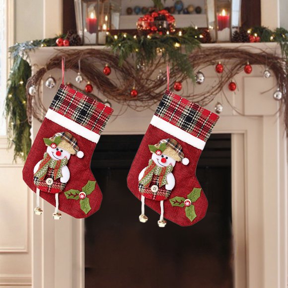 Vaidha Christmas Stocking Set of 2 | Santa Snowman Deer & Tree Pattern | Medium Red Cloth Hanging Sock for Fireplace Mantel | Holiday Gift Candy Bag for Kids Family