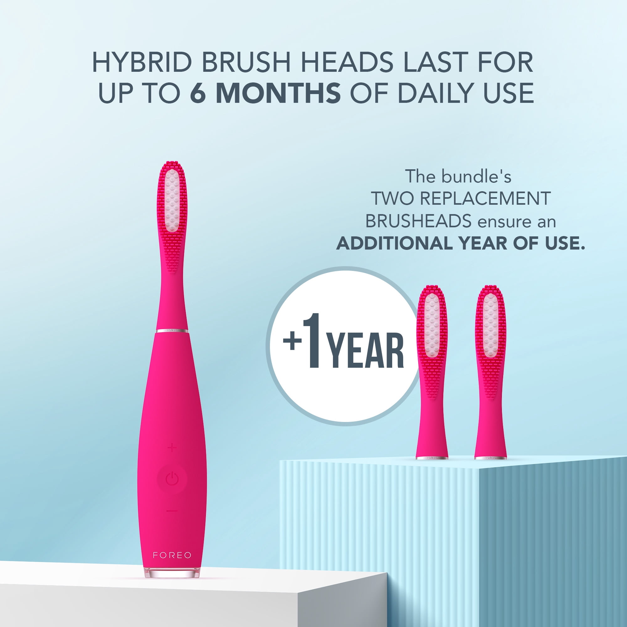 FOREO ISSA 3 Electric Toothbrush Bundle with 4-in-1 Ultra-Hygienic Silicone Cleaning and 2 Brush Heads, Fuchsia