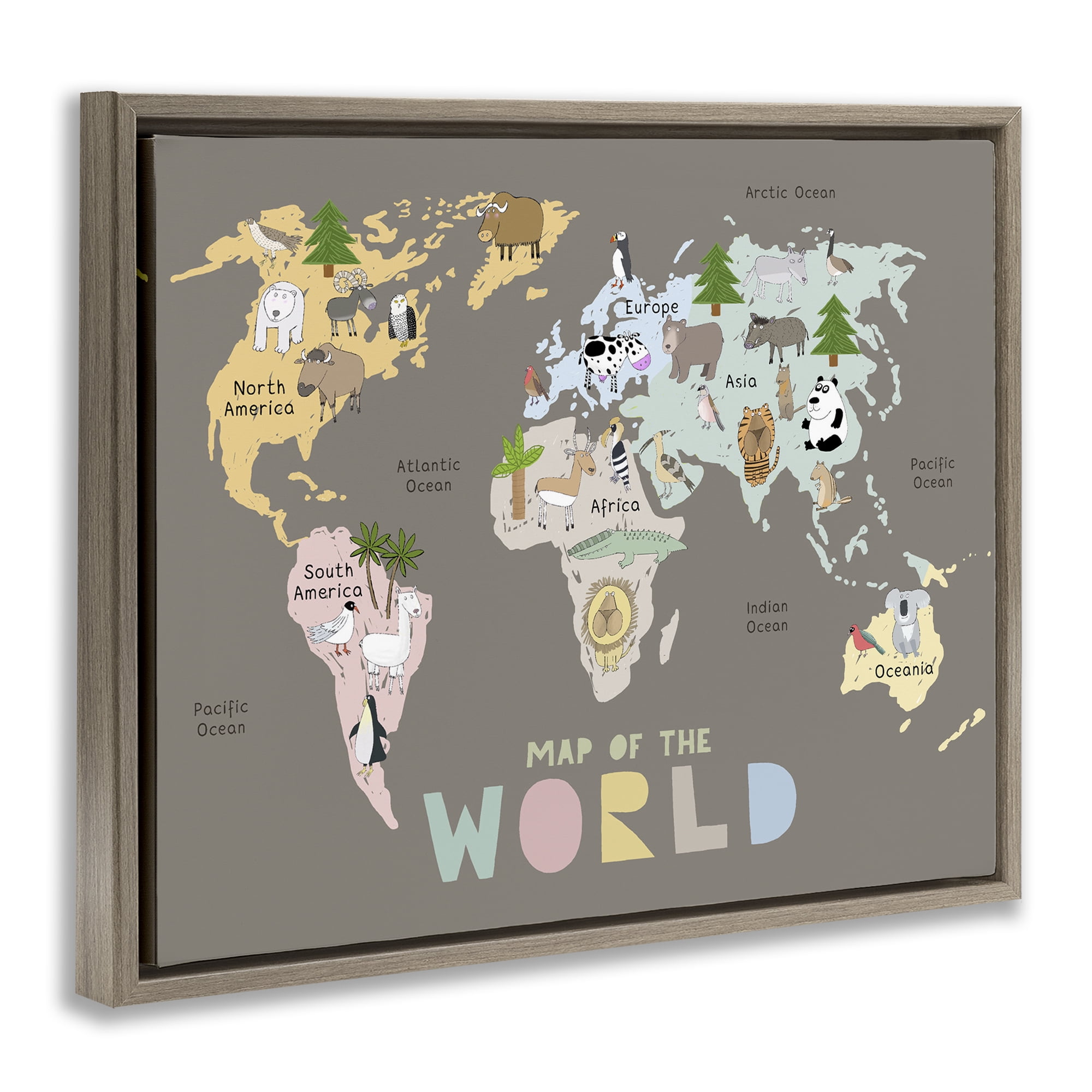 Kid's Map Of World Brown Brown Framed Floater Canvas Wall Art, design by Carla Daly