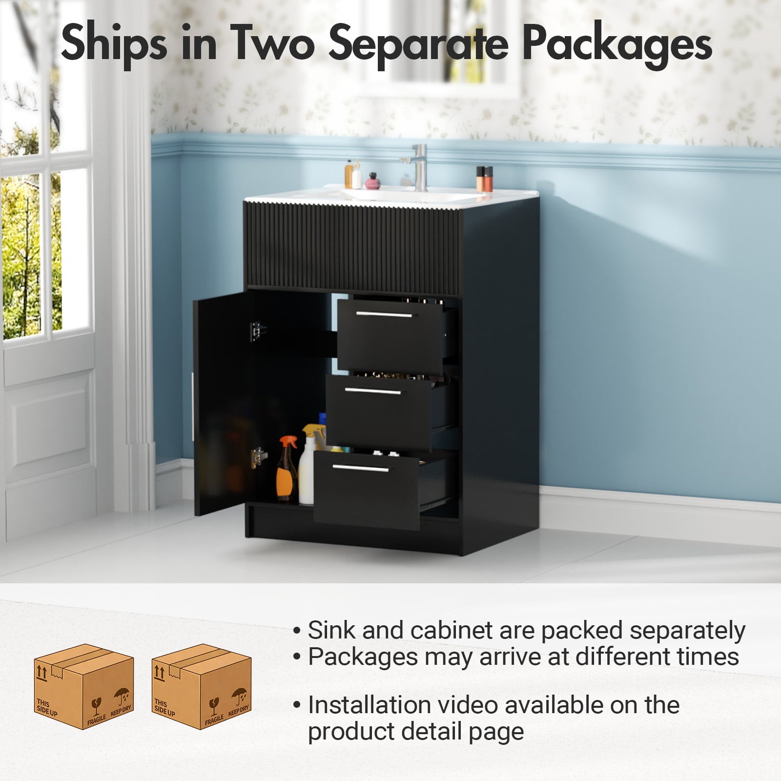 Advwin 24" Freestanding Bathroom Vanity with Ceramic Sink, Modern Bathroom Storage Cabinet with 3 Drawers, Black