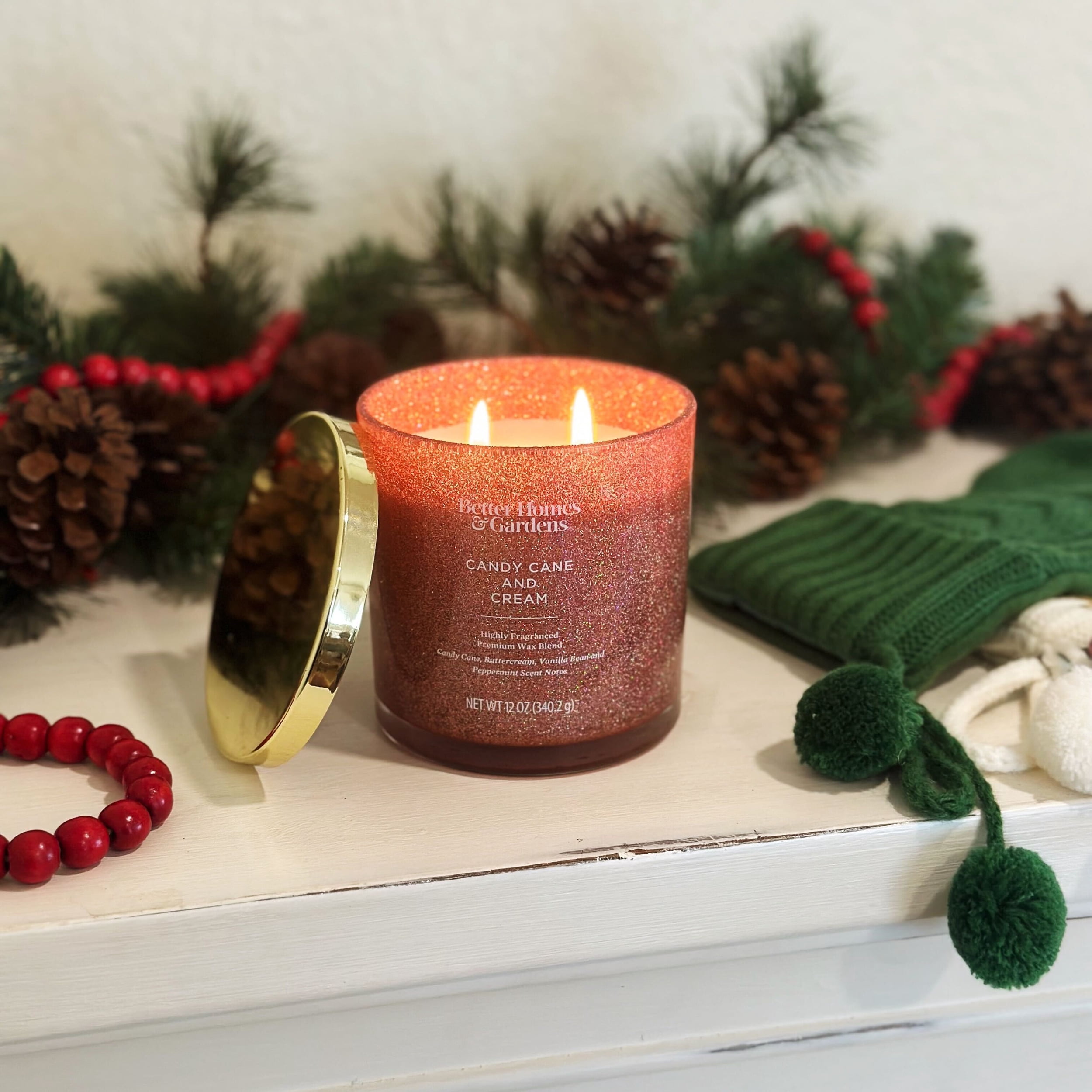 (2 pack) Better Homes & Gardens Candy Cane & Cream Scented 2 Wick Glitter 12oz Jar Candle