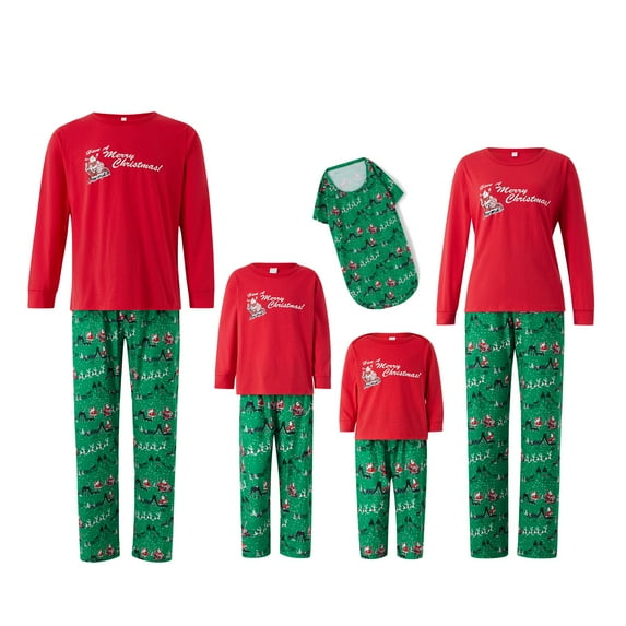 Family Matching Christmas Pajamas, Santa Claus Letter Print Long Sleeve Round Neck T-Shirt + Elk Print Pants, Dog Costume