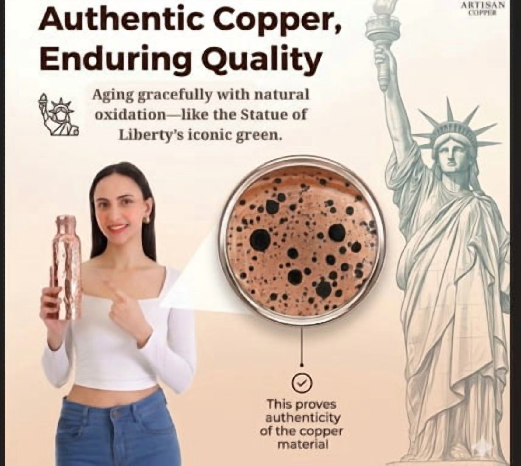 Artisan Copper 100% Pure Copper Water Bottle 32oz, Ayurvedic Drinking Bottle for Women and Men Wide Mouth Design Carrying Canvas Bag
