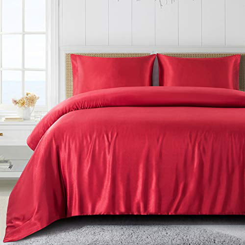 Duvet Cover 2 Silky Satin Pillowcases, Red Silk Duvet Cover Set