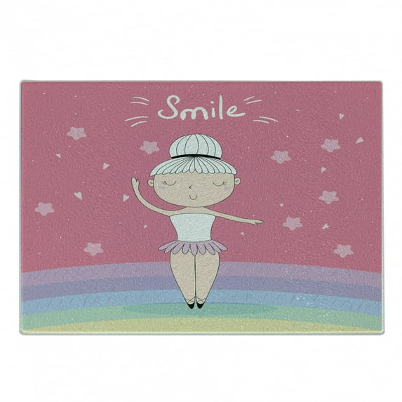 Retro Cutting Board, Hand Drawn Little Ballerina Girl Doing Pique Turns on a Rainbow Colored Stage, Decorative Tempered Glass Cutting and Serving Board, Small Size, Multicolor, by Ambesonne
