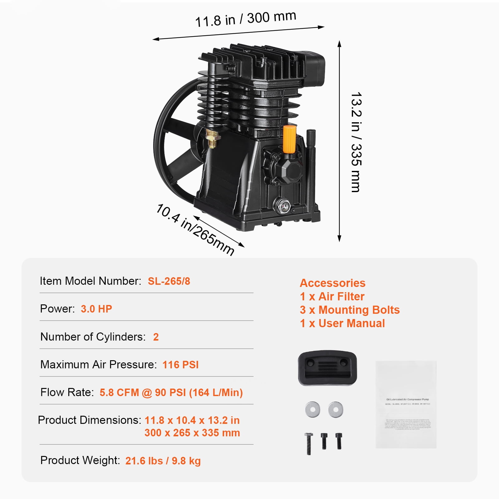 KFFKFF Air Compressor Pump Head, 3HP, 5.8CFM @ 90PSI, Dual Cylinder, Oil-Lubed, Single-Stage Aluminum Replacement Piston Pump, Max Pressure 116PSI