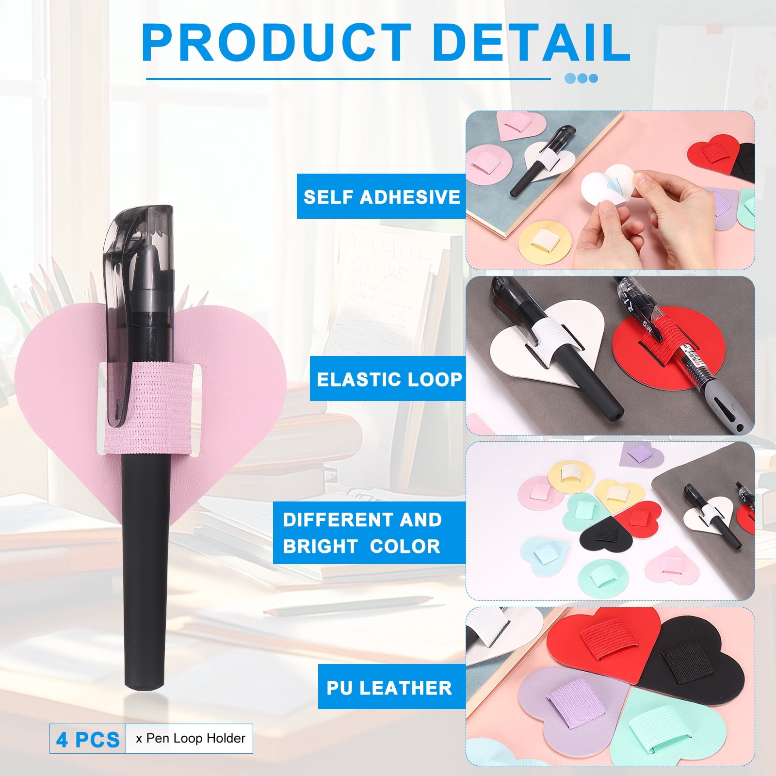 Unique Bargains Heart Pen Loop Holder Self Adhesive Pen Holder for Notebooks Pink