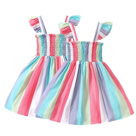

YTDSCS Toddler Girls Suspenders Dress Flying Sleeve Summer Kids Sundress Baby Rainbow Stripe Casual Dress 1-6 Years