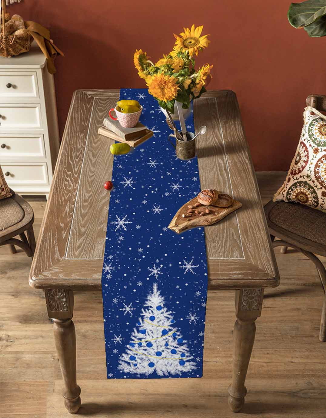 Ldtrchee Navy Blue Christmas Tree Table Runner 70 Inches, Balls Snowflake Xmas Tree Bed Runner Dresser Scarves Tabletop for Indoor Outdoor Parties/Ceremony/Banquet, 13" x 70"