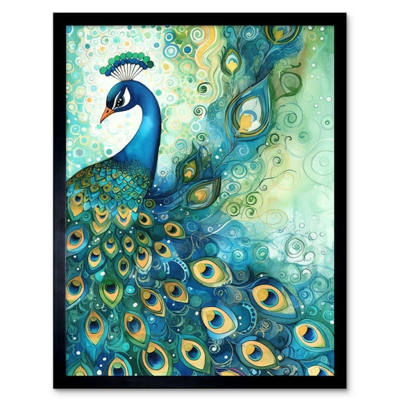 Peacock Bird Concept Folk Art Watercolour Painting Art Print Framed Poster Wall Decor 12x16 inch