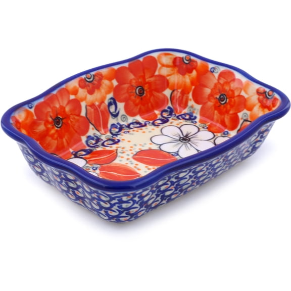 Polish Pottery 7¾-inch Rectangular Baker (Poppy Passion Theme) Signature UNIKAT Hand Painted in Boleslawiec, Poland   Certificate of Authenticity