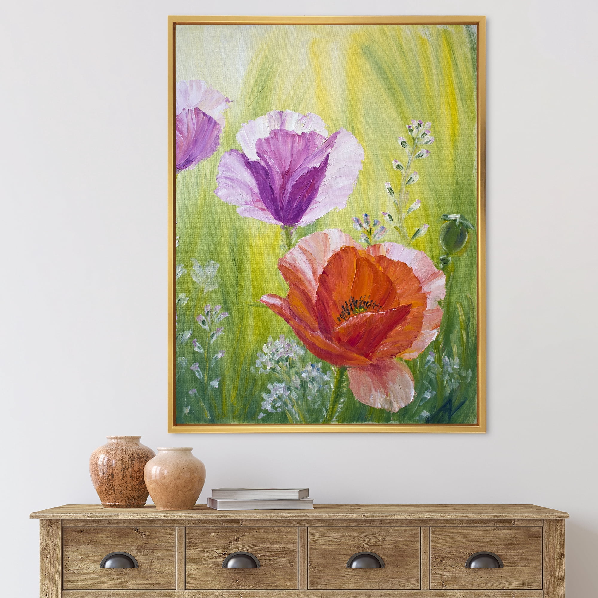Designart 'Poppies In The Morning In Wild Green' Traditional Framed Canvas Wall Art Print
