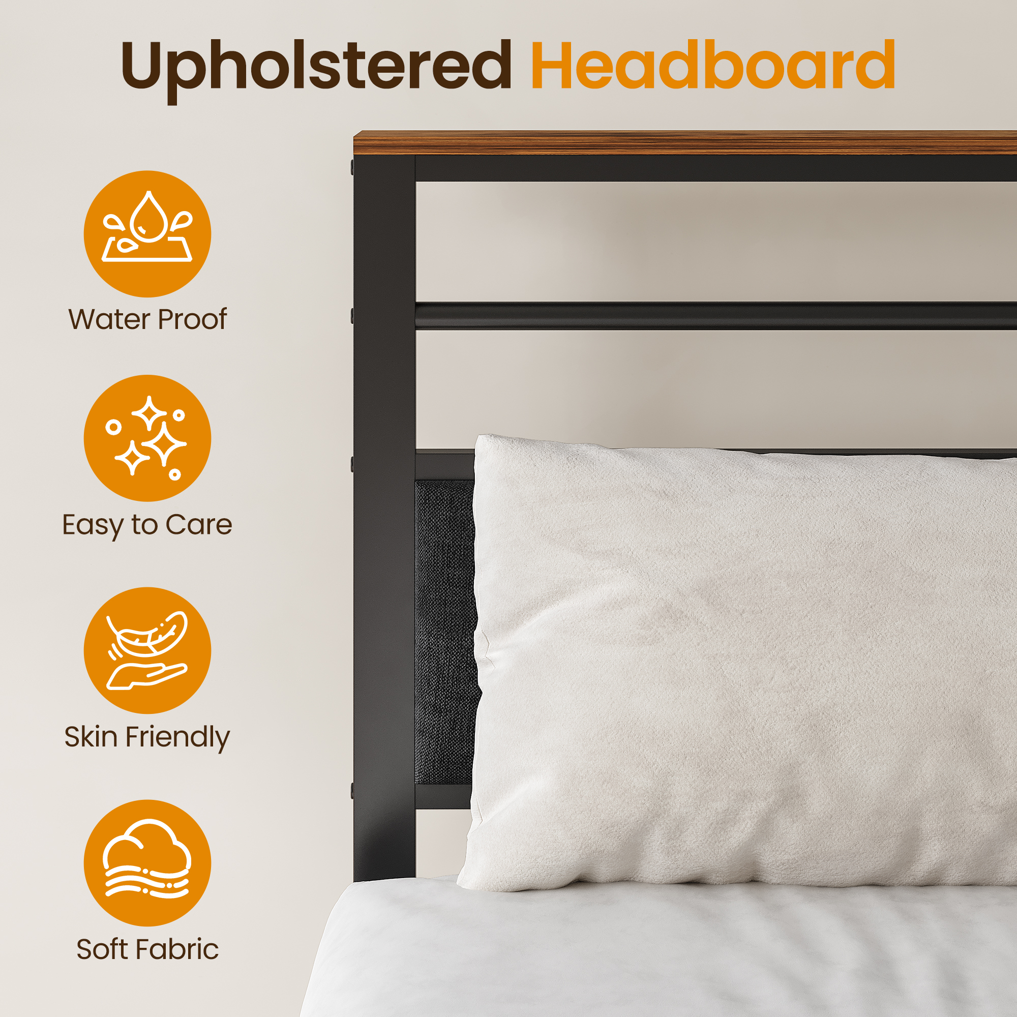 Heynemo Queen Bed Frame with Upholstered Headboard, Metal Platform Bed with USB Charging Station, Easy Assembly, No Box Spring Needed