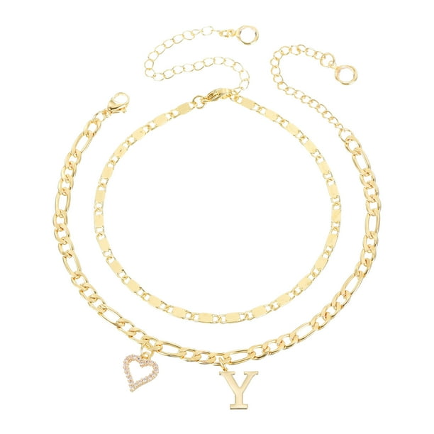 Pulseras de tobillo en forma de corazón inicial de Uxcell para mujeres, pulseras chapadas en oro de 14K, cadena de letras A-Z con caja para regalo de verano, tono dorado