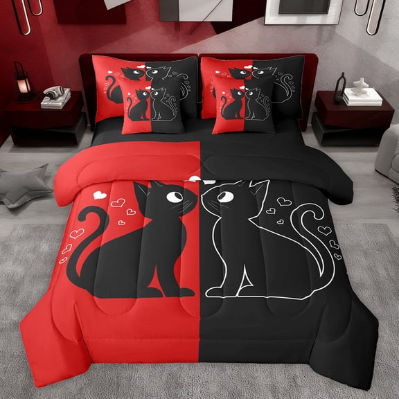 jejeloiu Black Cat Kitten 7-Piece Twin Bedding Sets,Happy Valentine'S Day Bedding Comforter Set,Western Valentine Gifts Sheet Sets For Men Women,Microfiber Bedroom Decor Reversible