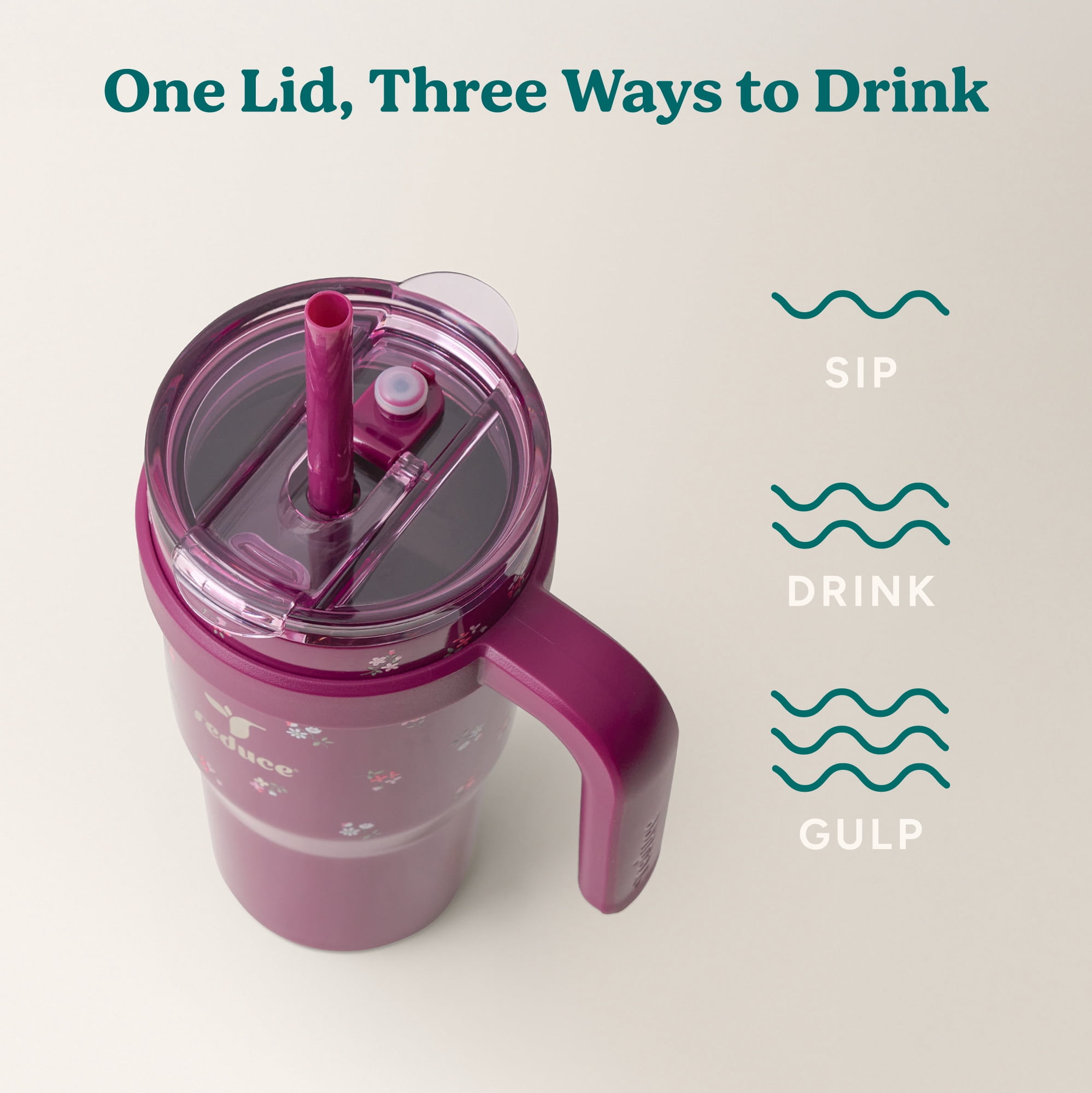 Reduce 24oz Cold1 Travel Mug with Straw and Straw Topper, Lid & Travel Handle, Insulated Stainless Steel, Cherry Pink Blooms