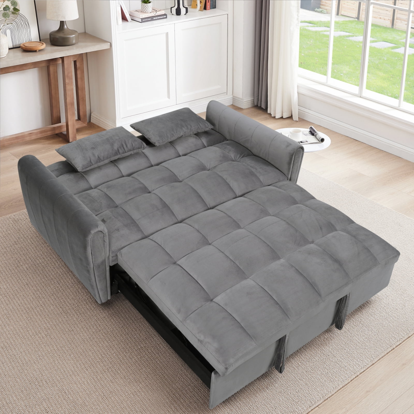 65 Inch 3-in-1 Convertible Sleeper Sofa Bed, Velvet Loveseat with Adjustable Backrest & Padded Armrests, Multifunctional Pull Out Couch for Living Room Apartment Bedroom Office, Dark Gray