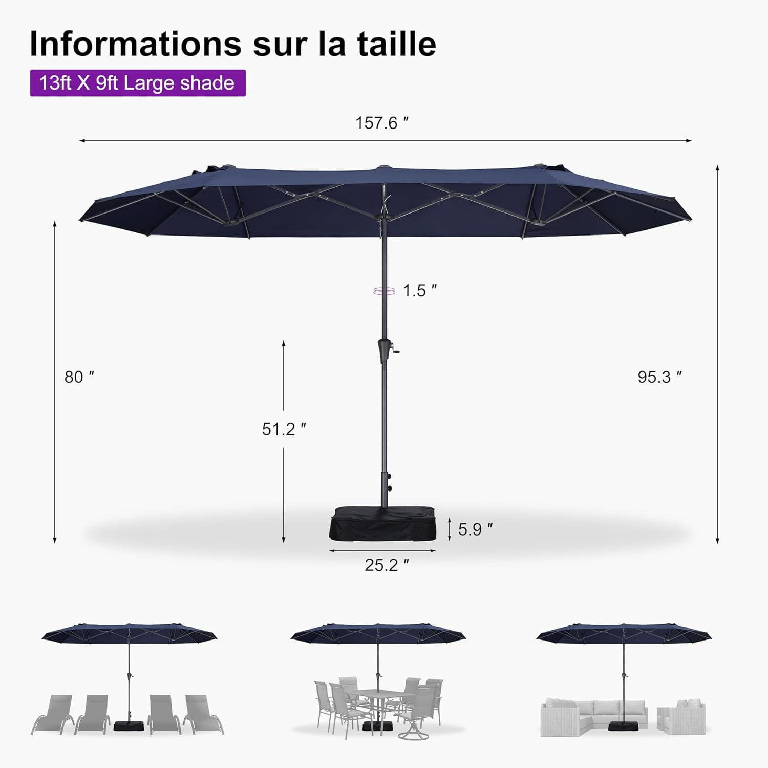 PURPLE LEAF 13ft Double-Sided Patio Umbrella with Base Included Market Rectangle Table Umbrella Outdoor Umbrella with Crank for Backyard Pool Garden Deck, Navy blue