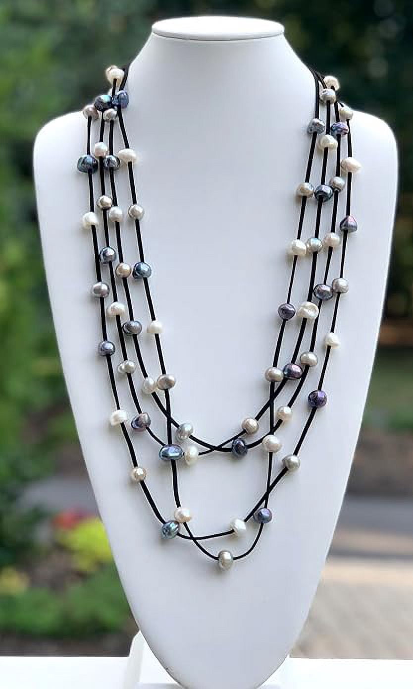 Suzannes Jewelry Multi-Strand Freshwater Cultured Pearl Necklace, 28 in Leather Cord, Magnetic Closure